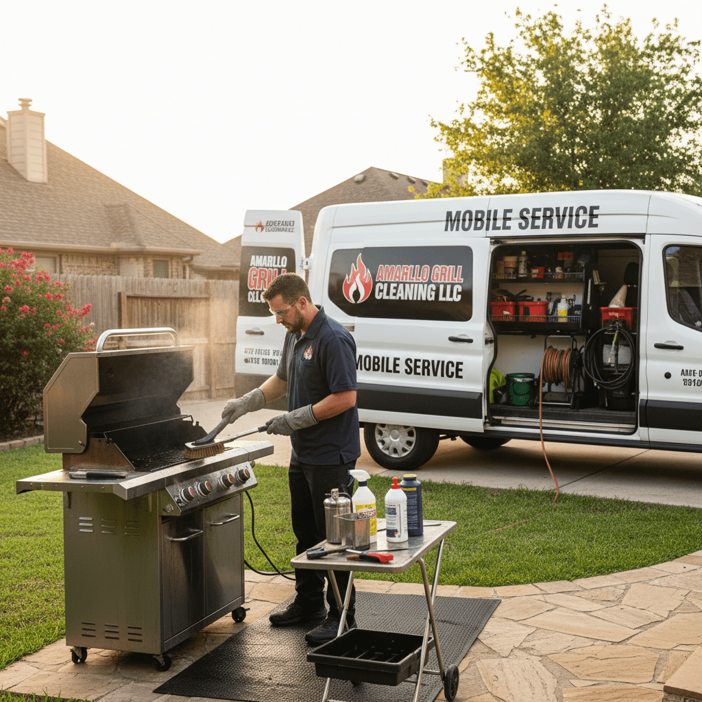 Technician cleaning grill in residential backyard with mobile service van