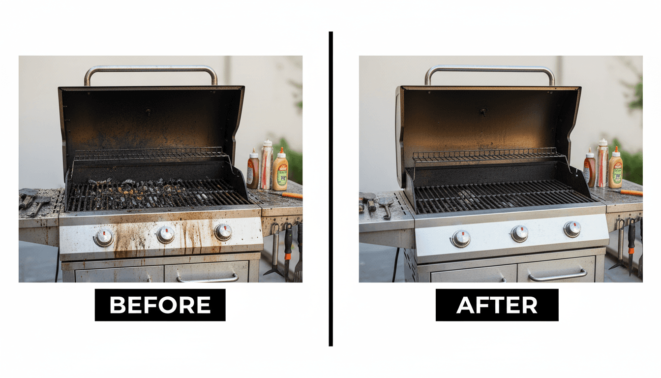 Cleaned grill transformation, before and after comparison, sleek photography.