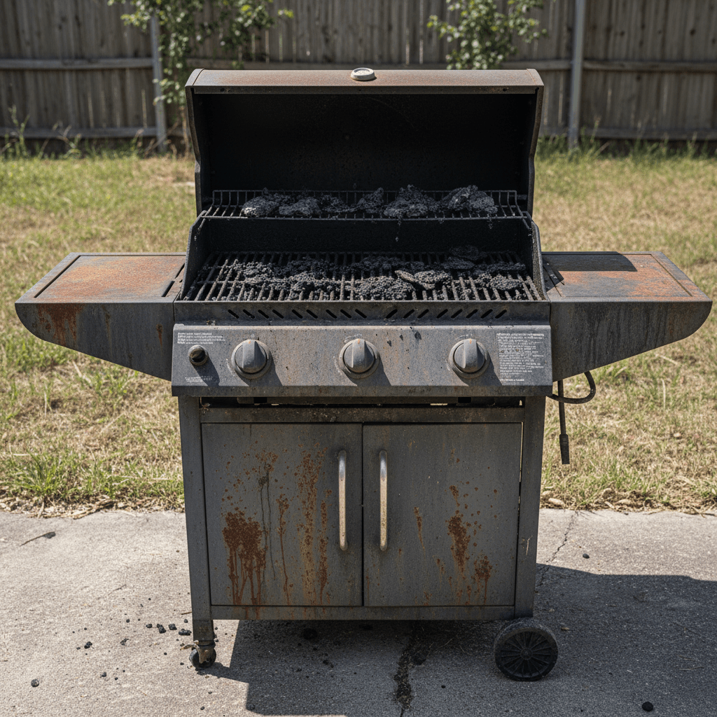 Heavily soiled gas grill with grease buildup before cleaning