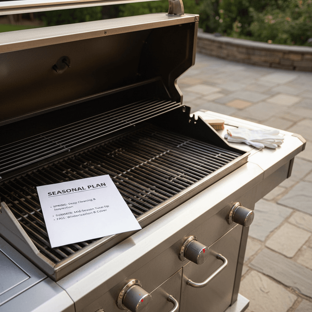 Seasonal grill maintenance plan document on a clean barbecue grill in warm outdoor setting.