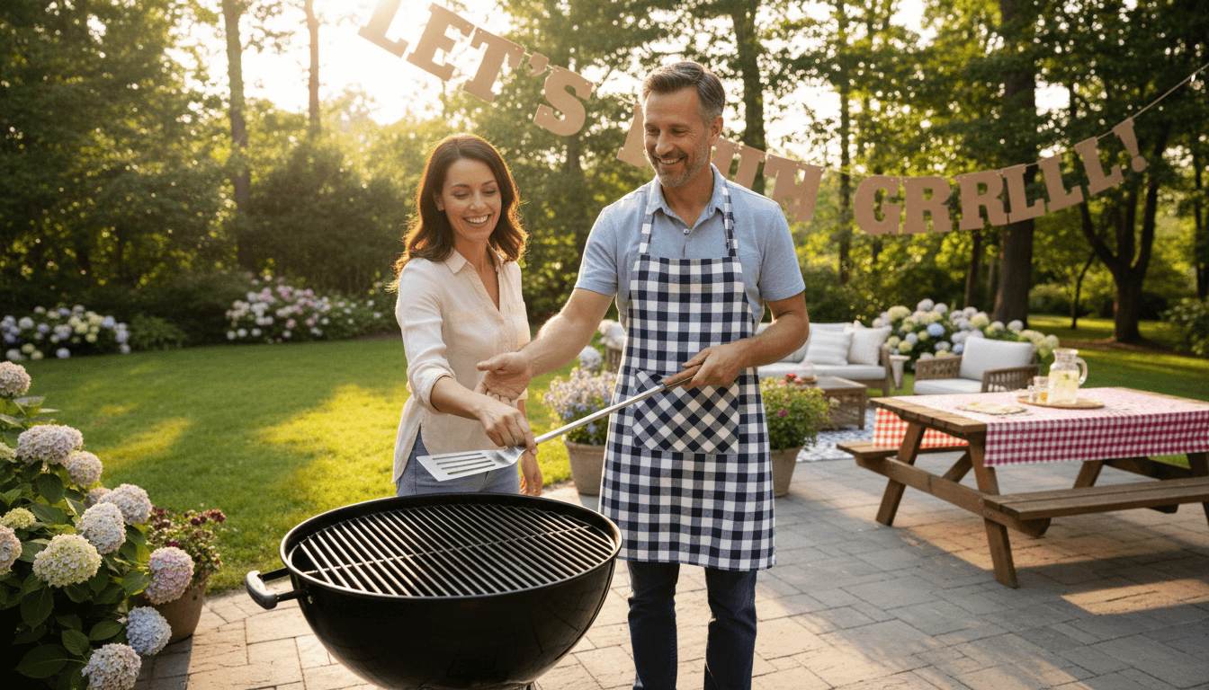 Person handing a spatula next to a clean, ready-to-use gas grill