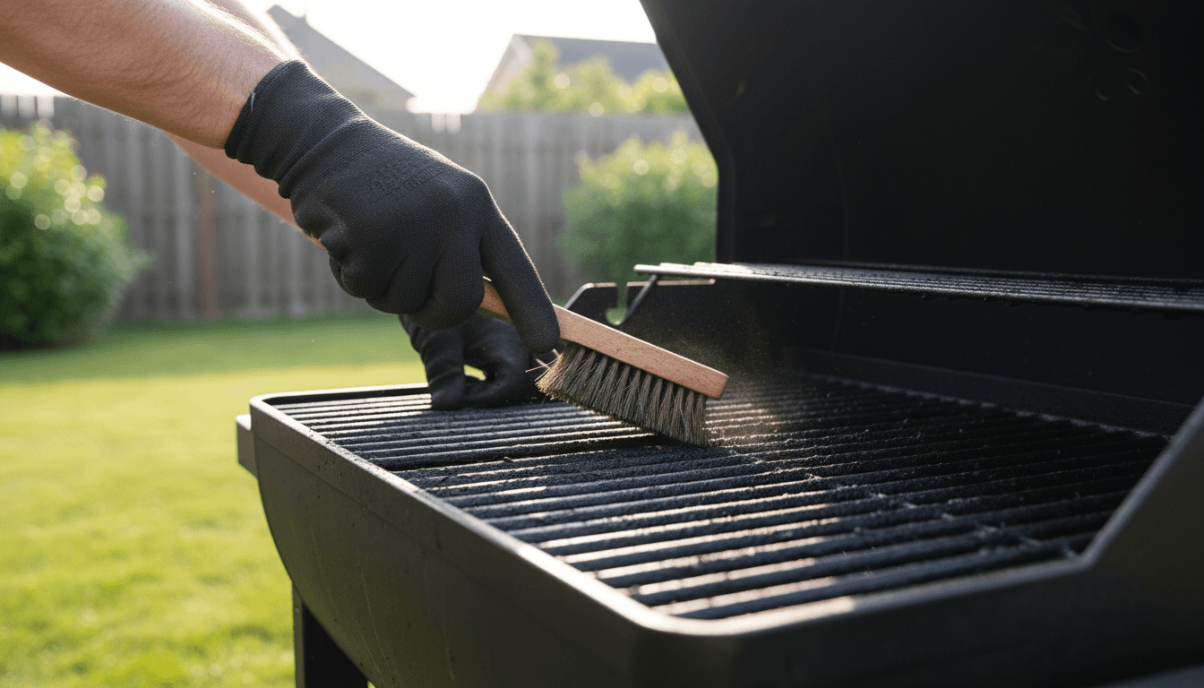 Close-up of gloved hands scrubbing grease off gas grill grates