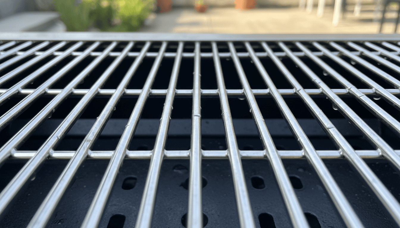 Close-up of clean stainless steel gas grill grates after professional deep cleaning