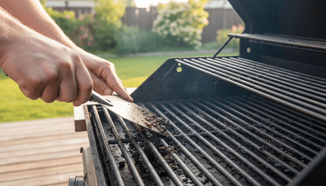 Hands scraping built-up grease from a gas grill grate