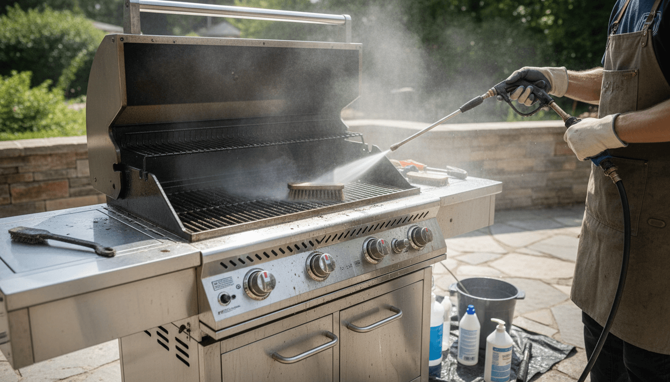 Professional grill cleaning in progress with water spray and detailed restoration work