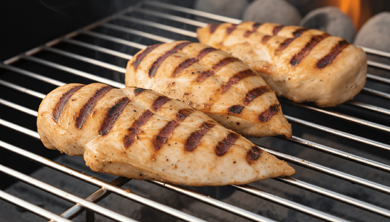 Grilled chicken breasts with clear sear marks resting on a clean grill
