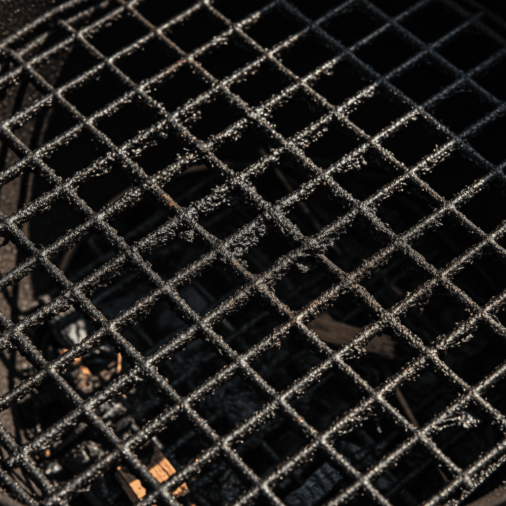Close-up of heavily carbonized grill grates before deep cleaning
