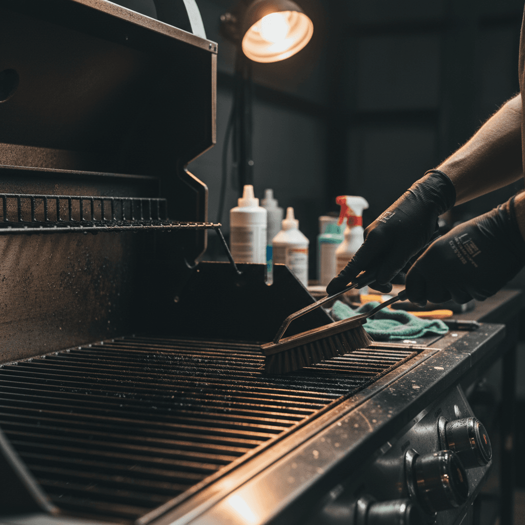 Professional technician's gloved hands cleaning grill interior grates with specialized tools under work lighting