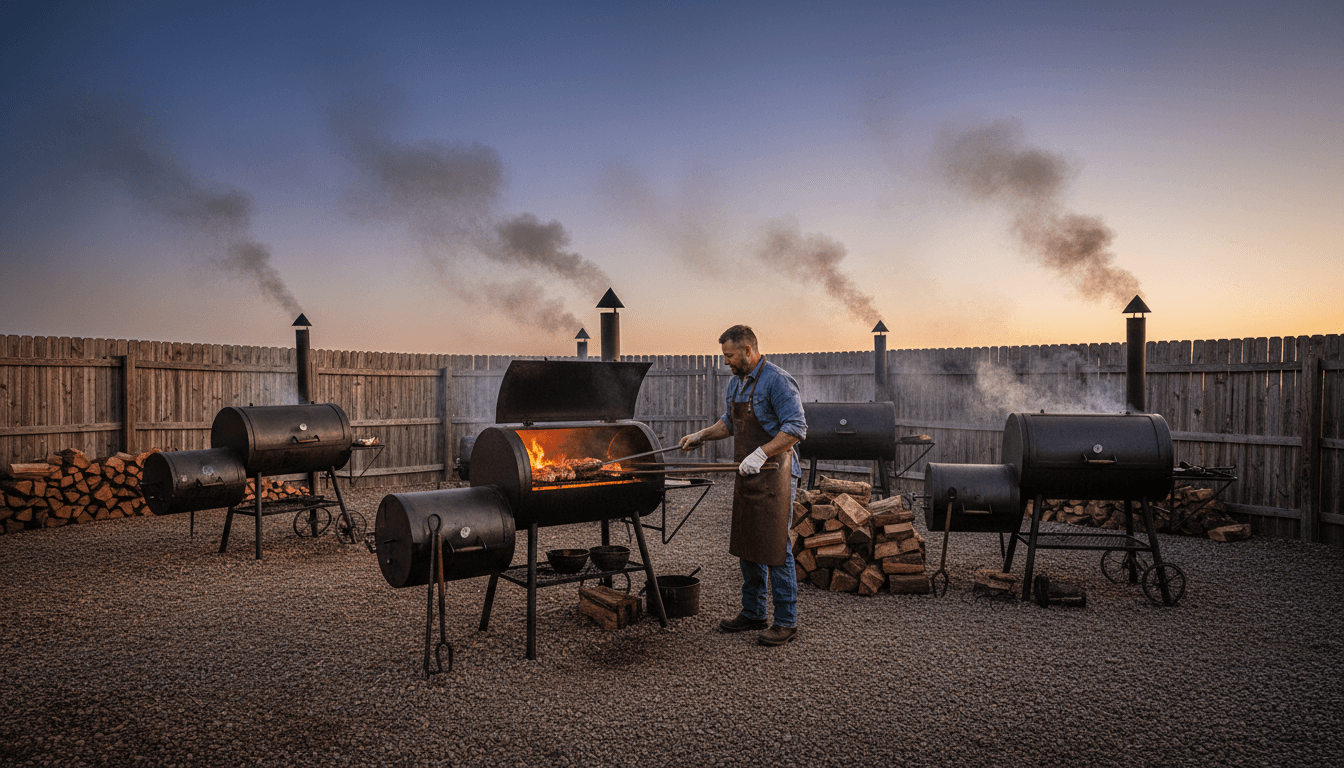 Pit master tending smoking operation at dusk with multiple metal smokers billowing smoke in rustic outdoor yard setting