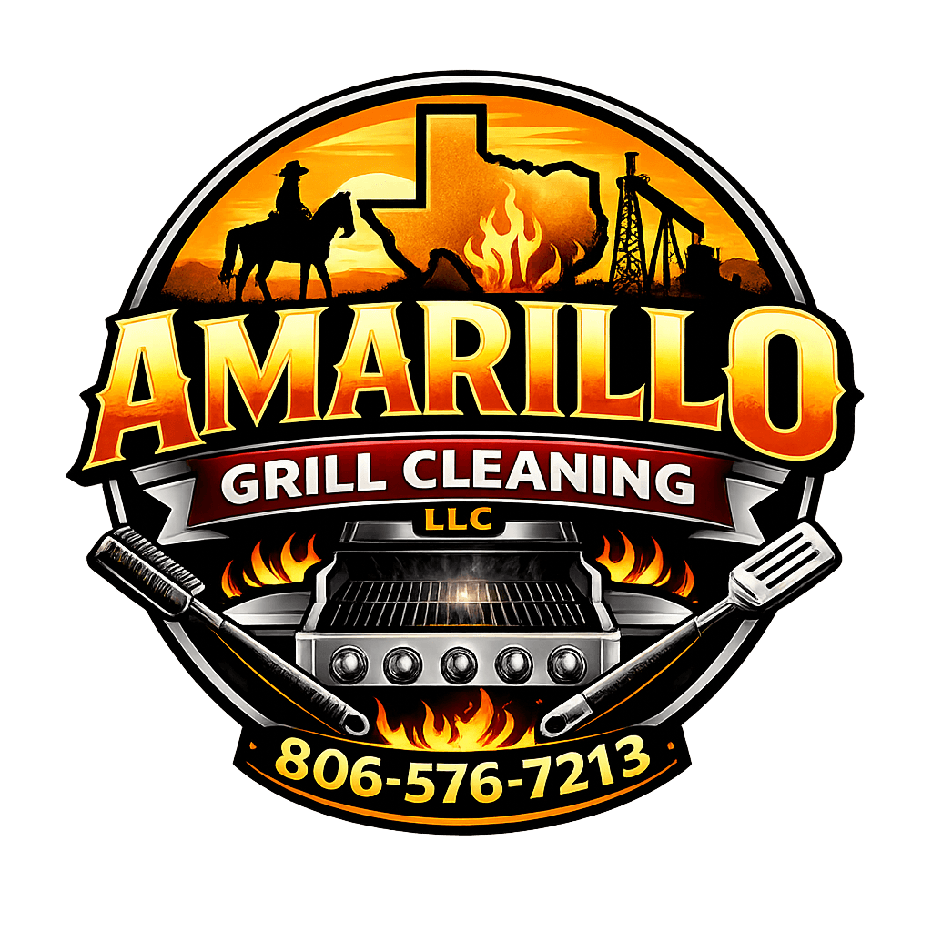Amarillo Grill Cleaning logo featuring a cowboy, Texas silhouette, flames, a grill, and tools.